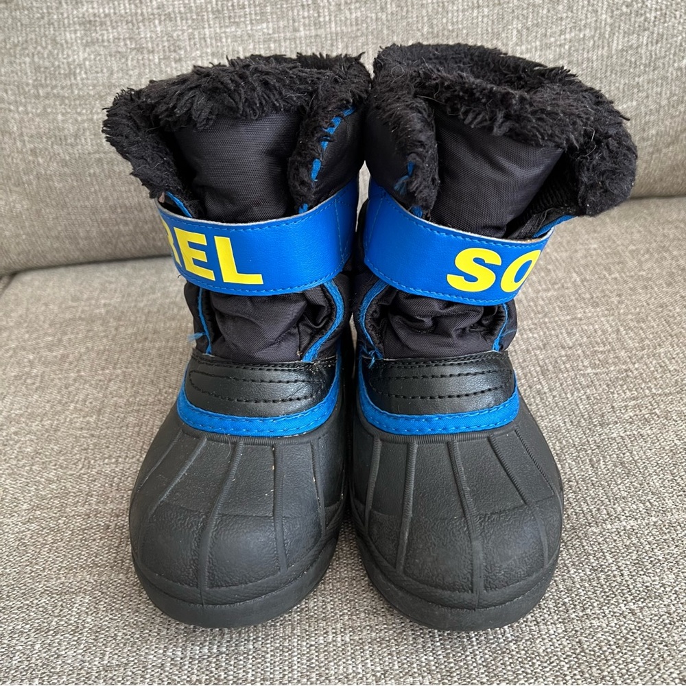 Kid’s Sorel Winter Snow Boots Toddler Boy 12 Black Blue Yellow Faux Fur - Picture 4 of 12